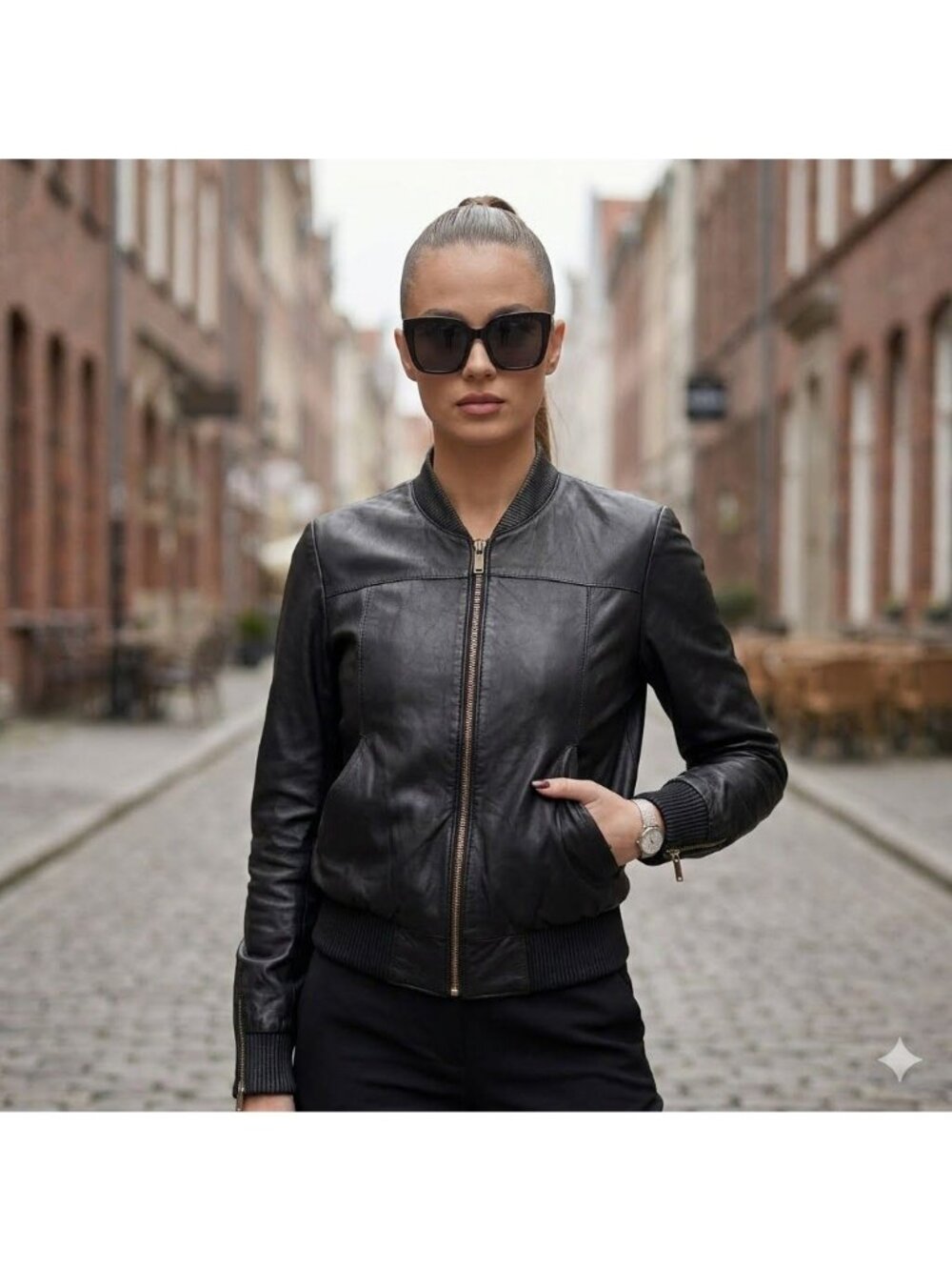 Jimmy Choo x H&M Black Leather Bomber Moto Jacket Full Zip Ribbed Size US 12